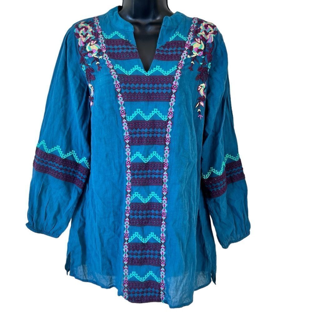 SOFT SURROUNDINGS Teal Embroidered Peasant Blouse Tunic